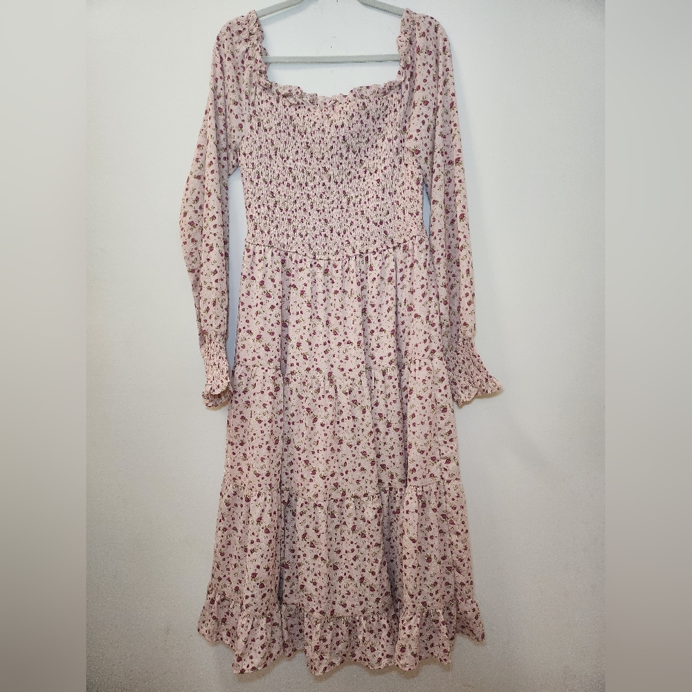 Aura Boho Floral Midi Dress Smocked Fit&Flare Long Sleeve Romantic Fluence Sz L - Picture 3 of 16